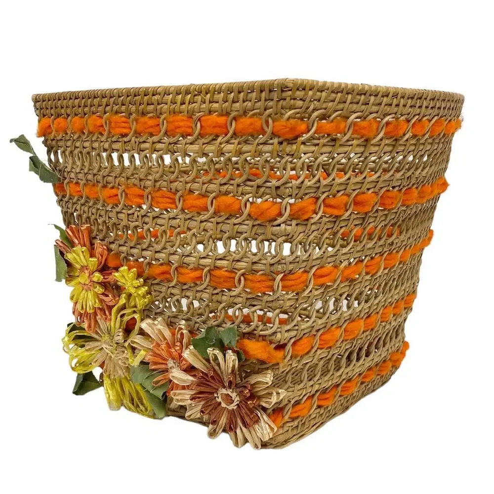 Vintage Straw Woven Square Floral Decor Bin Basket